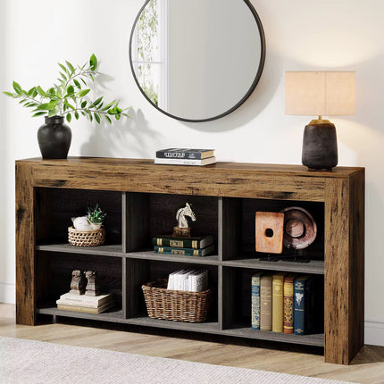 Table console avec rangement, table de canapé longue et étroite de 63 pouces, table d’entrée avec 6 cubes, étagères de rangement ferme