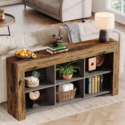 Table console avec rangement, table de canapé longue et étroite de 63 pouces, table d’entrée avec 6 cubes, étagères de rangement ferme