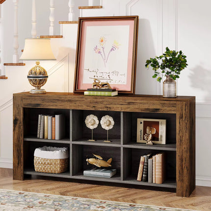 Table console avec rangement, table de canapé longue et étroite de 63 pouces, table d’entrée avec 6 cubes, étagères de rangement ferme