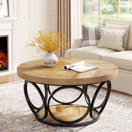 Table basse ronde en bois de 31,5 pouces, grandes tables basses circulaires de ferme avec rangement à 2 niveaux