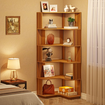 6-Tier Corner Bookshelf – 64.96” Tall Corner Bookcase with Anti-Drop Panel