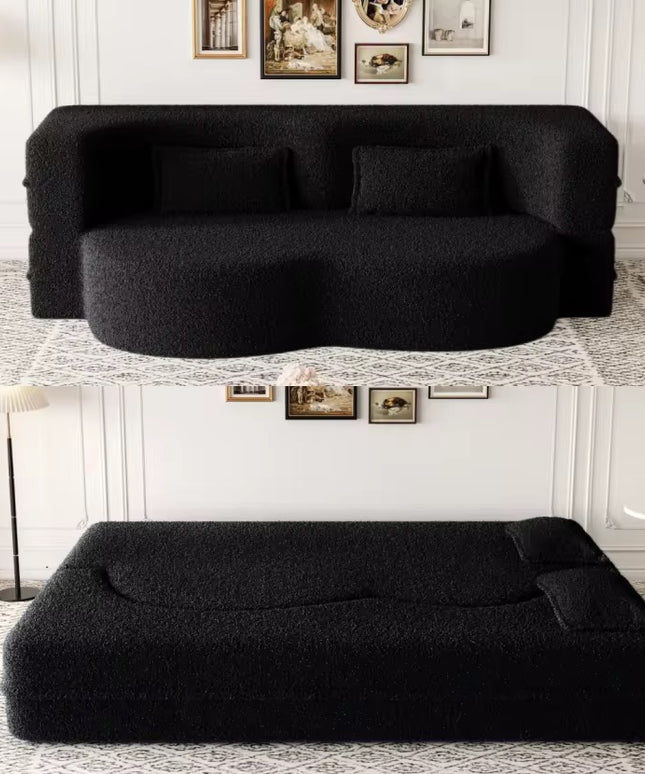 Modern single sofa bed in Teddy fabric filled with foam, convertible 15-inch full-size folding mattress for apartment living