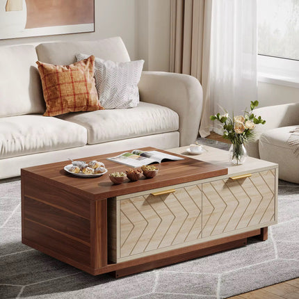 Table basse extensible en bois moderne table centrale de cocktail avec 2 tiroirs de rangement