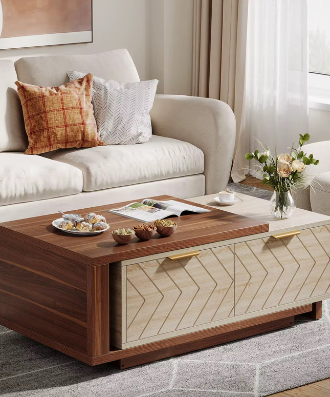 Table basse extensible en bois moderne table centrale de cocktail avec 2 tiroirs de rangement