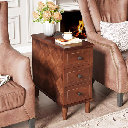 Modern solid wood side table, fully assembled with slim bedside drawers; pre-assembled side table
