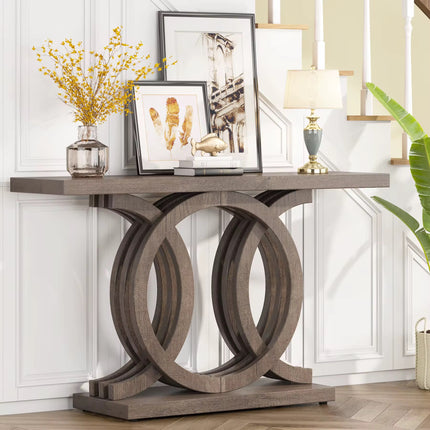 Modern antique rustic brown retro wood farmhouse entryway console table 140 cm with geometric base