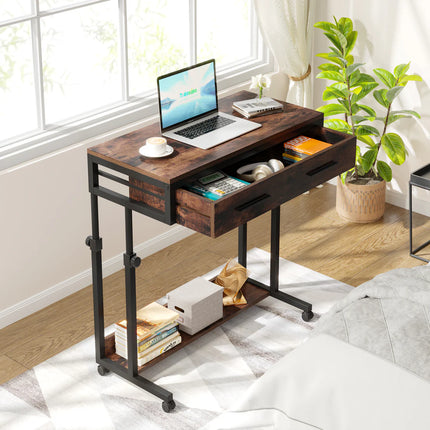 Height Adjustable Desk – Portable Rolling Side Table with Storage Drawers