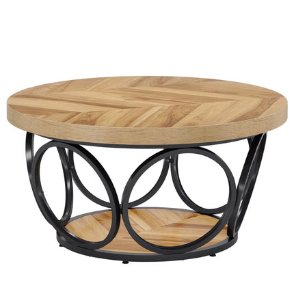 Table basse ronde en bois de 31,5 pouces, grandes tables basses circulaires de ferme avec rangement à 2 niveaux