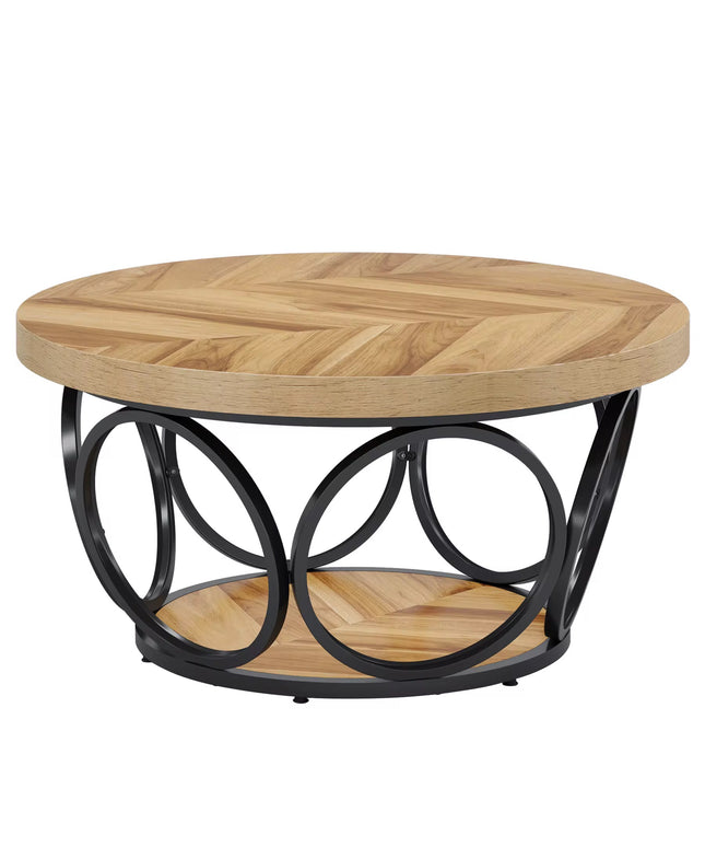 Table basse ronde en bois de 31,5 pouces, grandes tables basses circulaires de ferme avec rangement à 2 niveaux