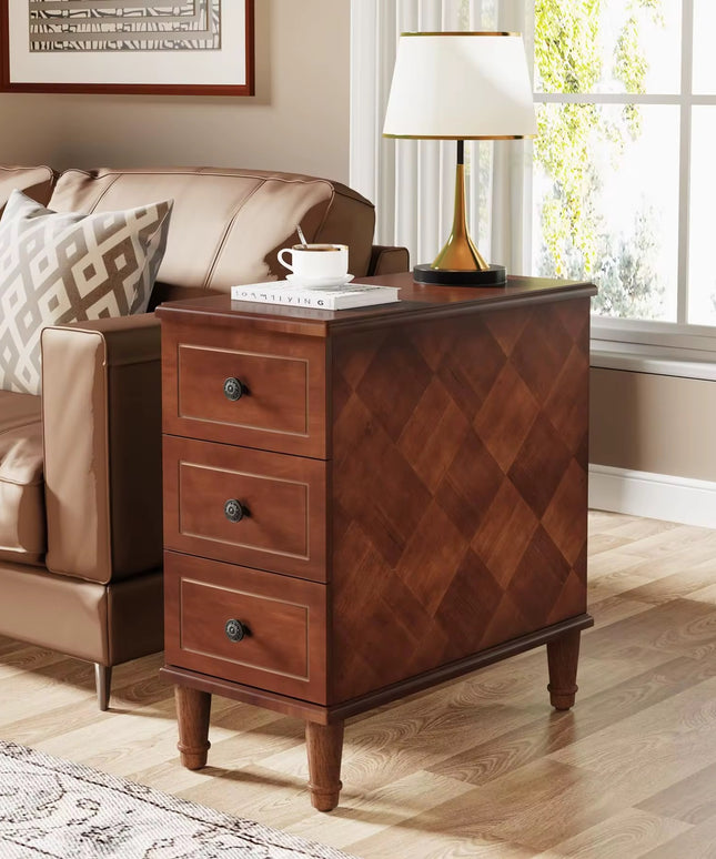 Modern solid wood side table, fully assembled with slim bedside drawers; pre-assembled side table