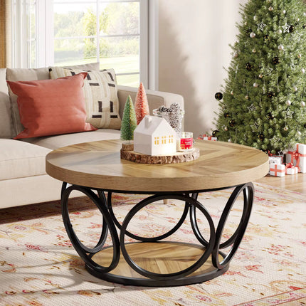 Table basse ronde en bois de 31,5 pouces, grandes tables basses circulaires de ferme avec rangement à 2 niveaux