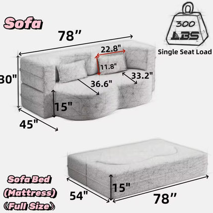 Modern single sofa bed in Teddy fabric filled with foam, convertible 15-inch full-size folding mattress for apartment living