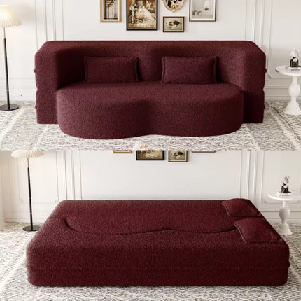 Modern single sofa bed in Teddy fabric filled with foam, convertible 15-inch full-size folding mattress for apartment living