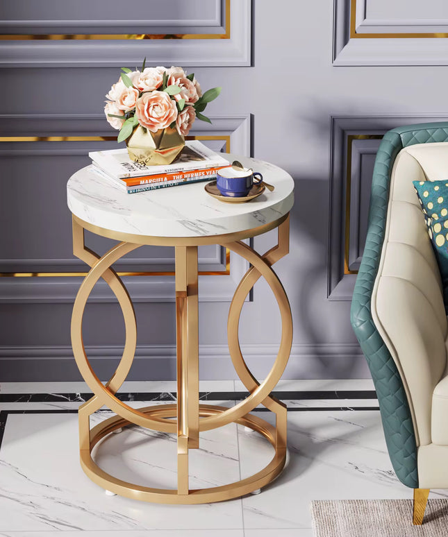 Modern round side table with marble texture