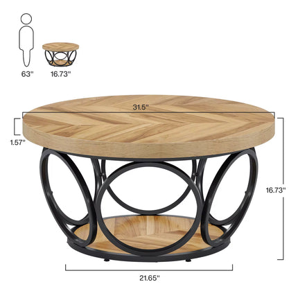 Table basse ronde en bois de 31,5 pouces, grandes tables basses circulaires de ferme avec rangement à 2 niveaux