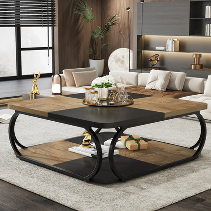 Modern Square Coffee Table, 39” Living Room Center Table with Storage Shelves
