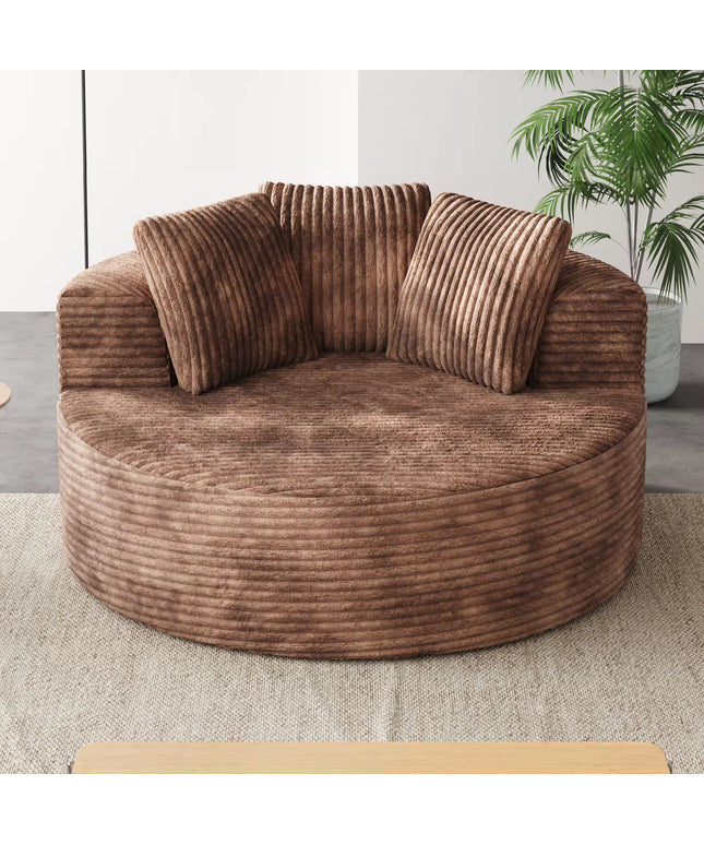 Round, single-seater sofa chair made of vacuum-compressed foam