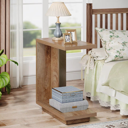 C-shaped table, narrow 2-tier bedside table with sturdy pedestal