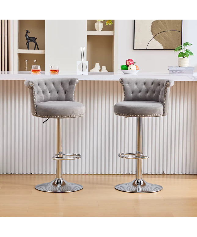 Bar stool with high-quality velvet fabric backrest and adjustable height, black padded support