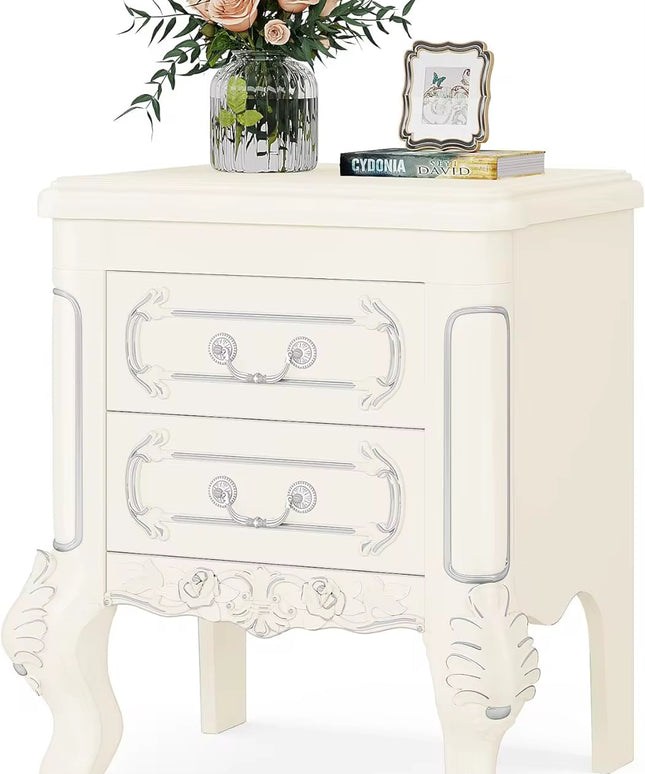 Modern wooden bedroom furniture luxury bedside table with 2 drawers white cream for bedside