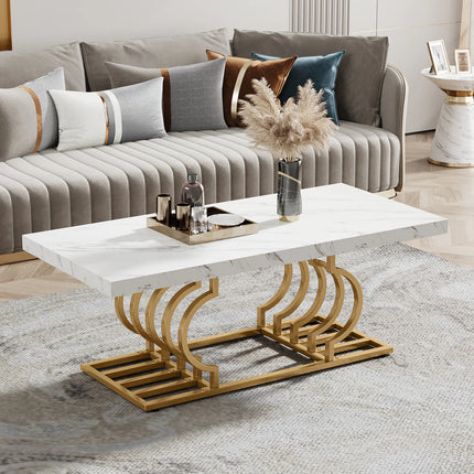 47” Modern Marble-Look Coffee Table with Artistic Metal Frame