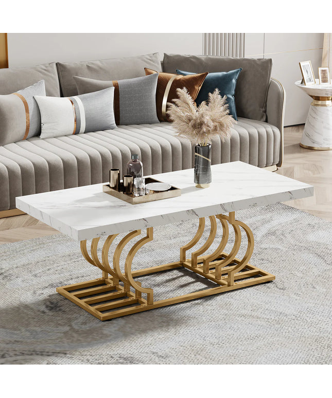 47” Modern Marble-Look Coffee Table with Artistic Metal Frame