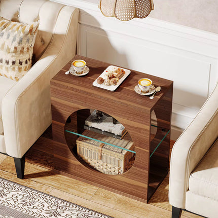 Narrow 3-tier sofa side table with adjustable tempered glass storage shelf