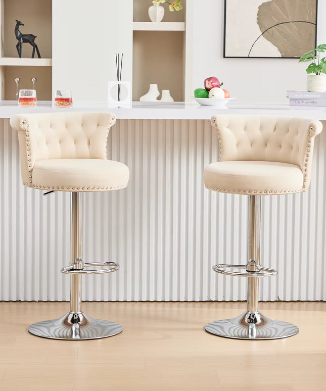 Bar stool with high-quality velvet fabric backrest and adjustable height, black padded support