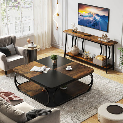 Modern Square Coffee Table, 39” Living Room Center Table with Storage Shelves