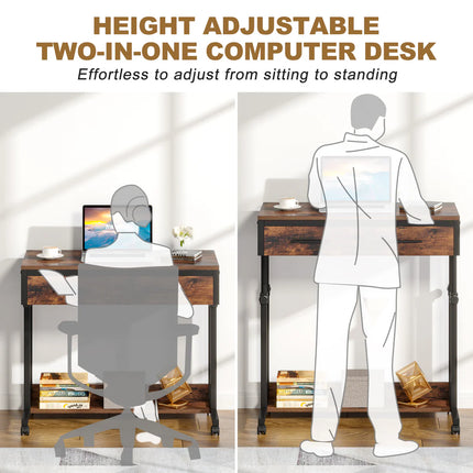 Height Adjustable Desk – Portable Rolling Side Table with Storage Drawers
