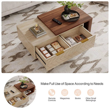 Table basse extensible en bois moderne table centrale de cocktail avec 2 tiroirs de rangement
