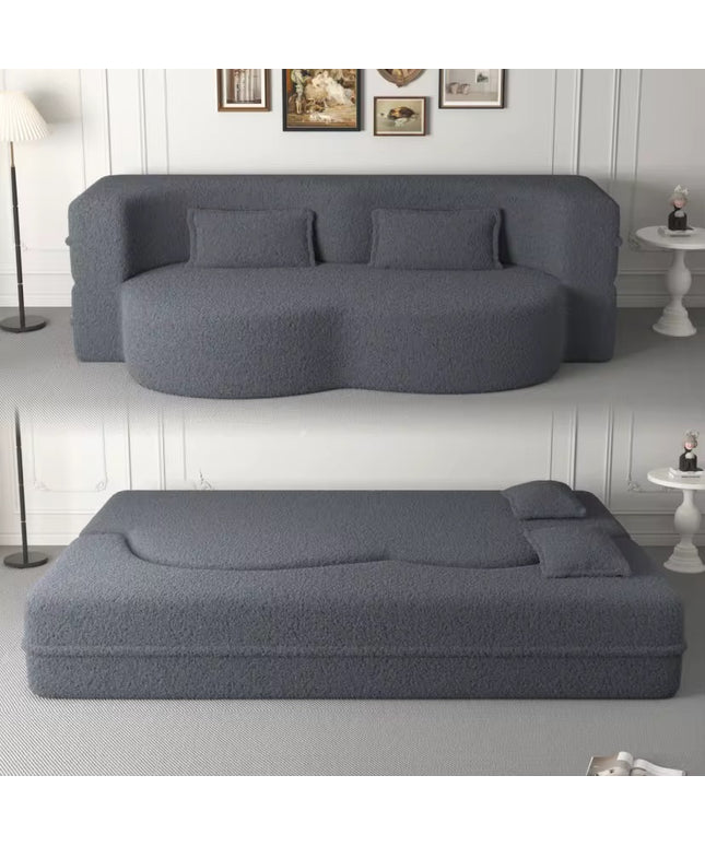 Modern single sofa bed in Teddy fabric filled with foam, convertible 15-inch full-size folding mattress for apartment living