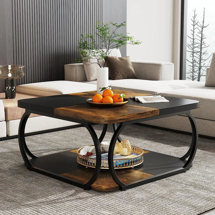 Modern Square Coffee Table, 39” Living Room Center Table with Storage Shelves