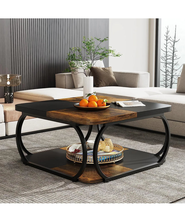 Modern Square Coffee Table, 39” Living Room Center Table with Storage Shelves