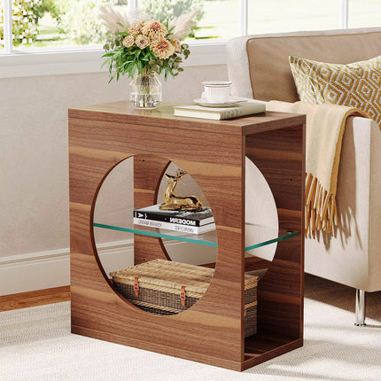 Narrow 3-tier sofa side table with adjustable tempered glass storage shelf