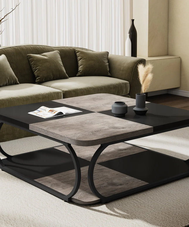 Modern Square Coffee Table, 39” Living Room Center Table with Storage Shelves