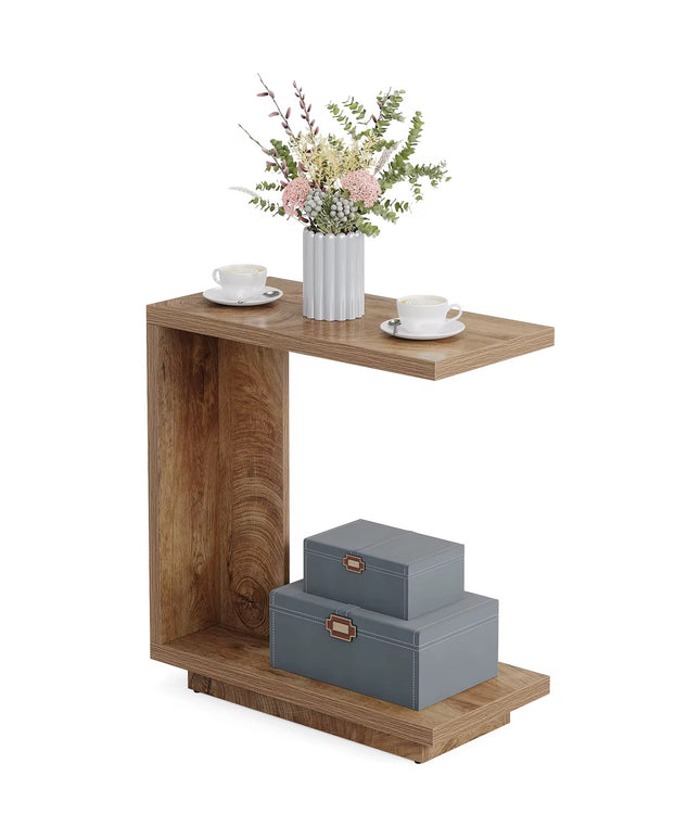 C-shaped table, narrow 2-tier bedside table with sturdy pedestal