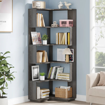 6-Tier Corner Bookshelf – 64.96” Tall Corner Bookcase with Anti-Drop Panel