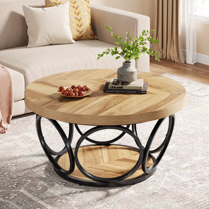 Table basse ronde en bois de 31,5 pouces, grandes tables basses circulaires de ferme avec rangement à 2 niveaux