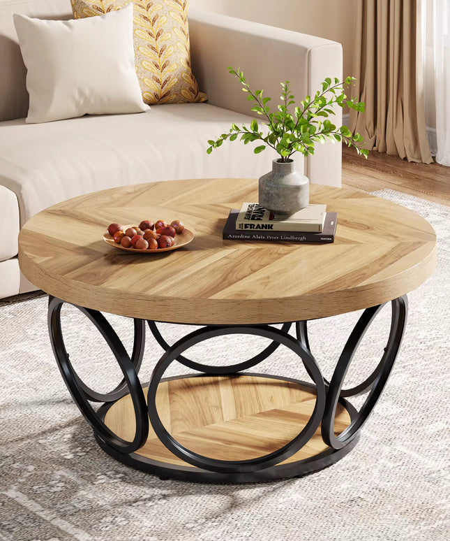 Table basse ronde en bois de 31,5 pouces, grandes tables basses circulaires de ferme avec rangement à 2 niveaux