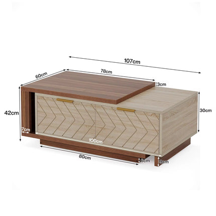 Table basse extensible en bois moderne table centrale de cocktail avec 2 tiroirs de rangement