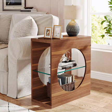 Narrow 3-tier sofa side table with adjustable tempered glass storage shelf
