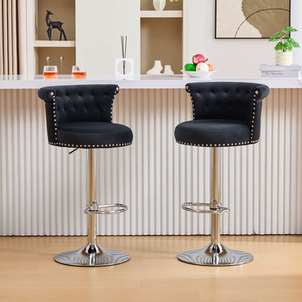 Bar stool with high-quality velvet fabric backrest and adjustable height, black padded support