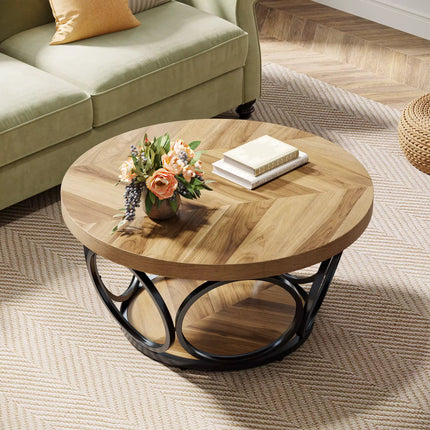 Table basse ronde en bois de 31,5 pouces, grandes tables basses circulaires de ferme avec rangement à 2 niveaux